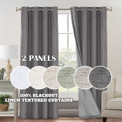 2 Panels 100% Blackout Linen Textured Curtains Thermal Insulated Curtains for Winter Noise Reducing Window Drapes with Grommet for Hall Room Bedroom Living Room PRINCEDECO