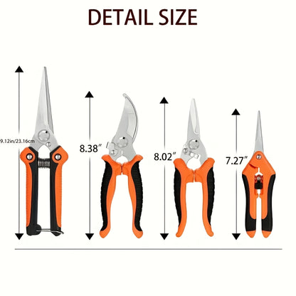 Gardening Pruning Tool Set 8 Piece Stainless Steel | Pruning Shears Scissors Pliers Ergonomic Handle with Wiping Cloth | Lawn Tree Garden Care Kit Orange Yellow Green