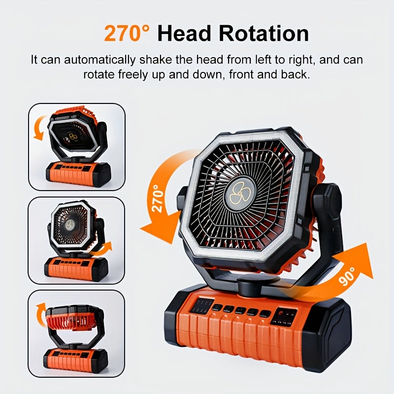 20000Mah Portable LED Camping Fan with Built-In Light, Rechargeable Ventilator, USB Rechargeable Outdoor Cooling Fan for Tents, Hiking, Fishing - Rugged Compact Design, Green And Orange, Hiking Essentials, Sturdy Handle Feature, Camping Additions