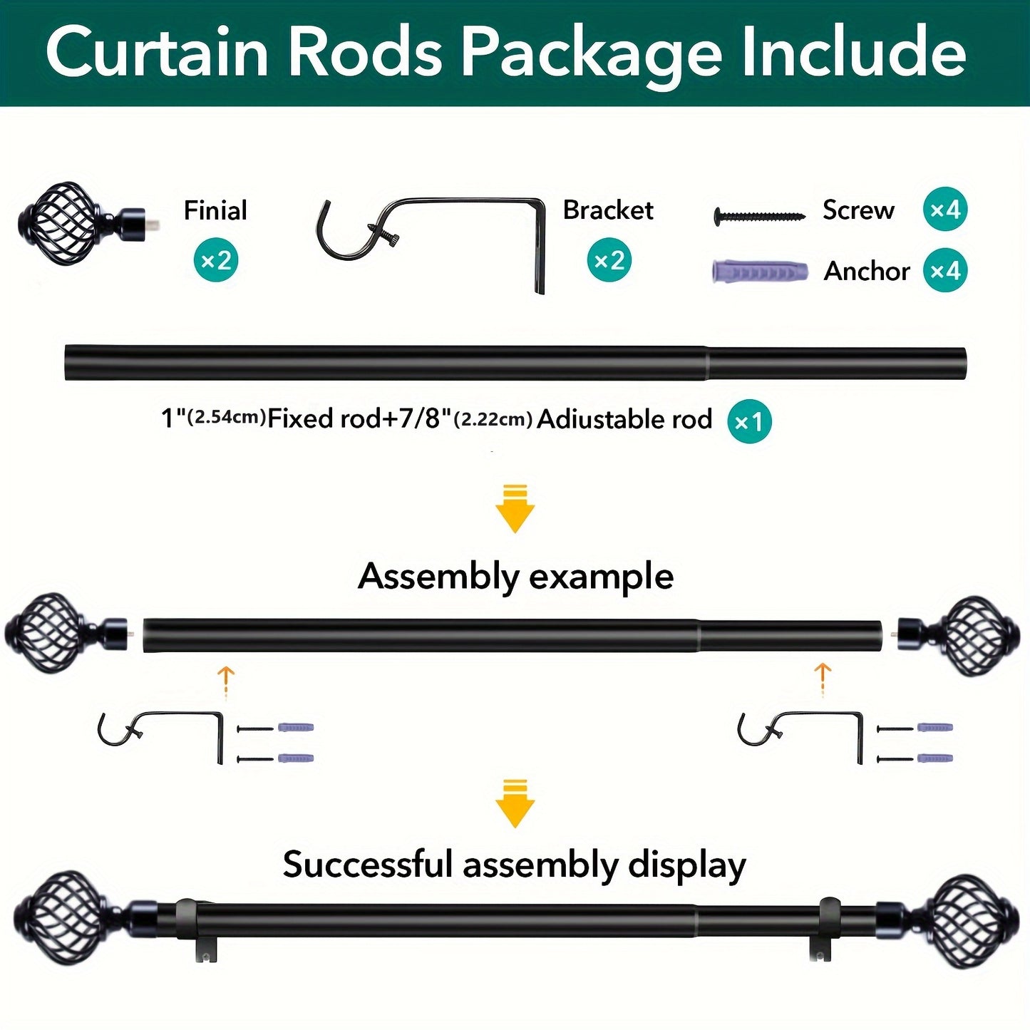 Curtain Rods for Windows, Modern Decorative Brass Drapery Rods, Heavy Duty Curtain Rods, Black Curtain Rods for Bedroom, Living Room, Patio, Kitchen, Farmhouse, Adjustable Easy Install Curtain Rods