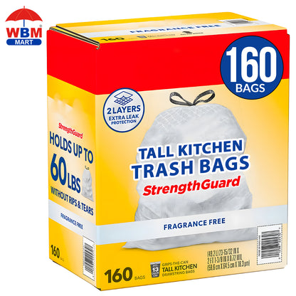 160 ct./13 gal - Premium Tall Kitchen Drawstring Trash Bags - Fragrance Free With Free Wet Wipes