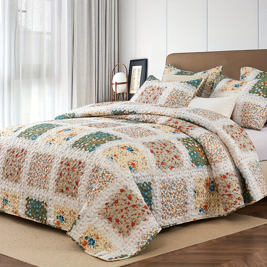 2/3pcs Quilt Set Queen King Twin Full Size Women Mother Valentine Day Gift, Lightweight Floral Patchwork Comforter Bedding Set, Quilted Bedspreads Bed Cover Boho Green Blue Pink Plaid, Soft Cozy Blanket Coverlet With Pillow Shams Spring Summer Autum