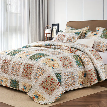 2/3pcs Quilt Set Queen King Twin Full Size Women Mother Valentine Day Gift, Lightweight Floral Patchwork Comforter Bedding Set, Quilted Bedspreads Bed Cover Boho Green Blue Pink Plaid, Soft Cozy Blanket Coverlet With Pillow Shams Spring Summer Autum