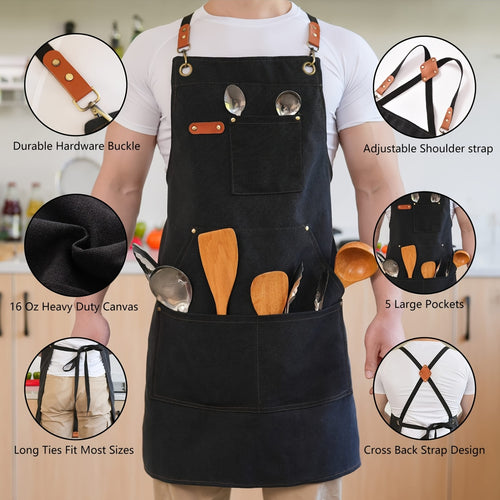 Durable Professional Work Apron for Men - Made from 16Oz Canvas with a Crossback Style And Extra Large Pockets, Ideal for Cooking, Barbecuing, Gardening, And Workshop Safety