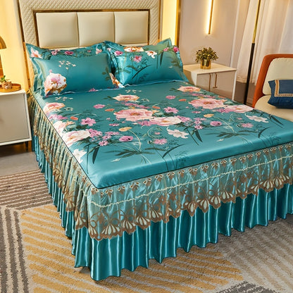 3pcs Double Layer Ruffle Bed Skirt Style Cool Mat Three Piece Set with Pillowcase Washable High Weight 360° Full Wrap