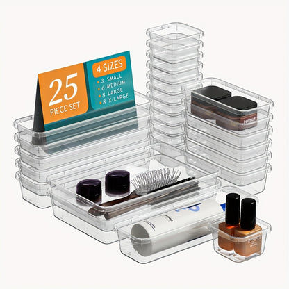 25pcs Transparent Drawer Organizer Set, Multifunctional Plastic Storage Box, Bathroom And Dressing Table Drawer Organizer Tray, Storage Tray, Cosmetics Storage Box, Jewelry, Bedroom, Office