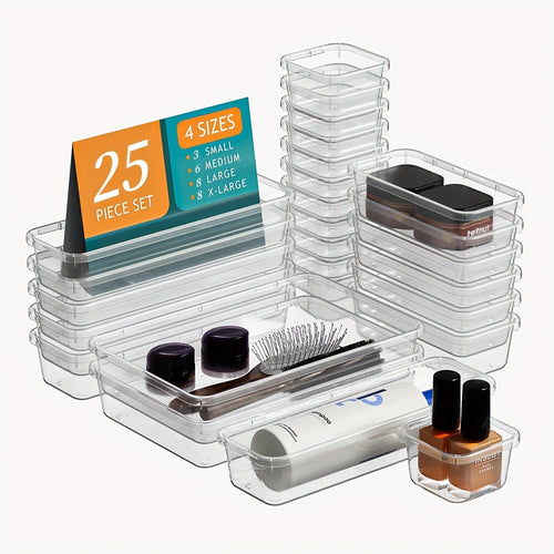 25pcs Transparent Drawer Organizer Set, Multifunctional Plastic Storage Box, Bathroom And Dressing Table Drawer Organizer Tray, Storage Tray, Cosmetics Storage Box, Jewelry, Bedroom, Office