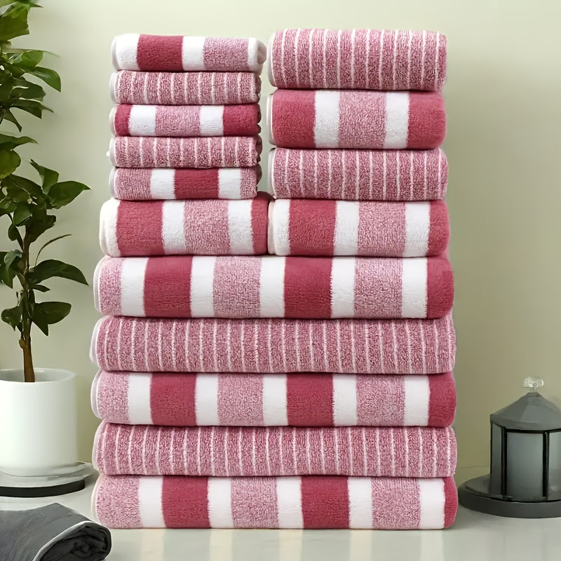 9/15pcs Classic Towel Set, No Hair Loss, Super Absorbent, Super Soft Two-color Striped Interval Bath Towel Combination, Including 2 Large Bath Towels, 2 Large Face Towels, 5 Hand Towels, Bathroom Supplies, And Beach Essentials, Wash Cloths