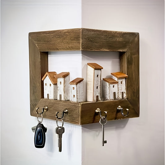 Rustic Style Wall-mounted Key Rack, Featuring 6 Rustic-style Houses, A Wall-mounted Key Holder with Hooks, Wooden Entrance Storage Rack Suitable for Bedroom, Home Wall Display, Art Wall Storage, Art And Craft Wall Display Rack,, Christmas Gift.
