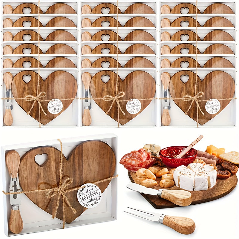12/6Set Bridal Shower Favor Heart Cheese Board Cheese Knives Wood Mini Charcuterie Board Thank You Gift Box For Guest Bridal Prize Wedding Birthday Valentines And Christmas(Acacia & )