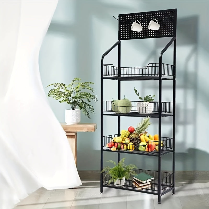 Four-Level Metal Display Rack on Wheels, Featuring a Painted Surface, Separate Shelves, Designed for Floor Use, Versatile for Various Placements, Includes a Snack And Food Display Section, Ideal for Kitchens And Convenience Stores, Standing Shelf