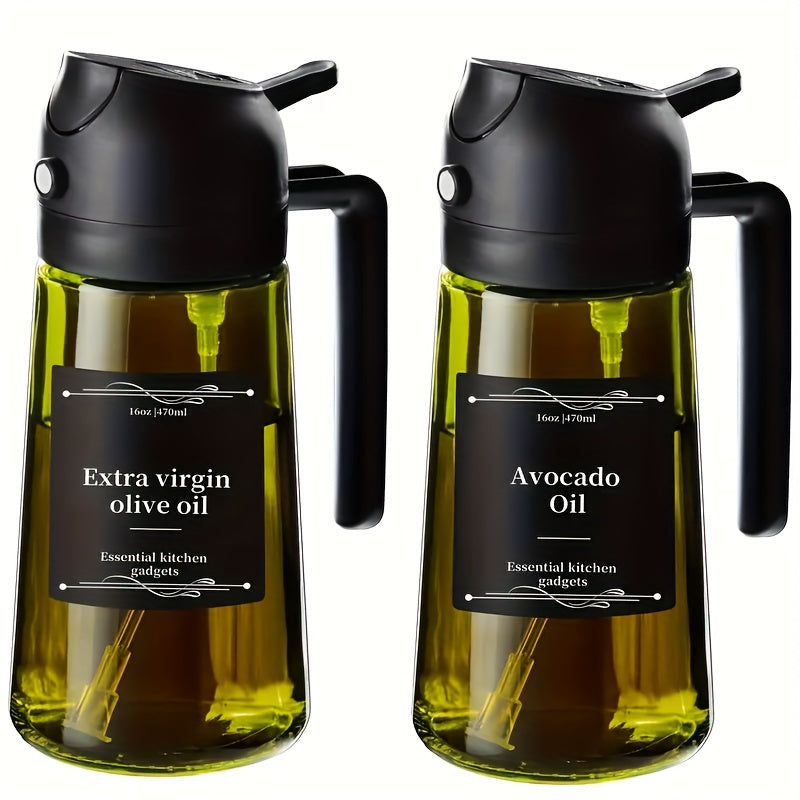 2pcs Kitchen Glass Olive Oil Dispenser Bottle, 2-In-1 Oil Bottle And Cooking Sprayer, 16Oz Premium Dark Green Glass Oil Bottle, Oil Sprayer for Cooking, Oil Dispenser for Kitchen with 6pcs Stickers, The Perfect Cooking Gadget for BBQ, Rvs, And Salad