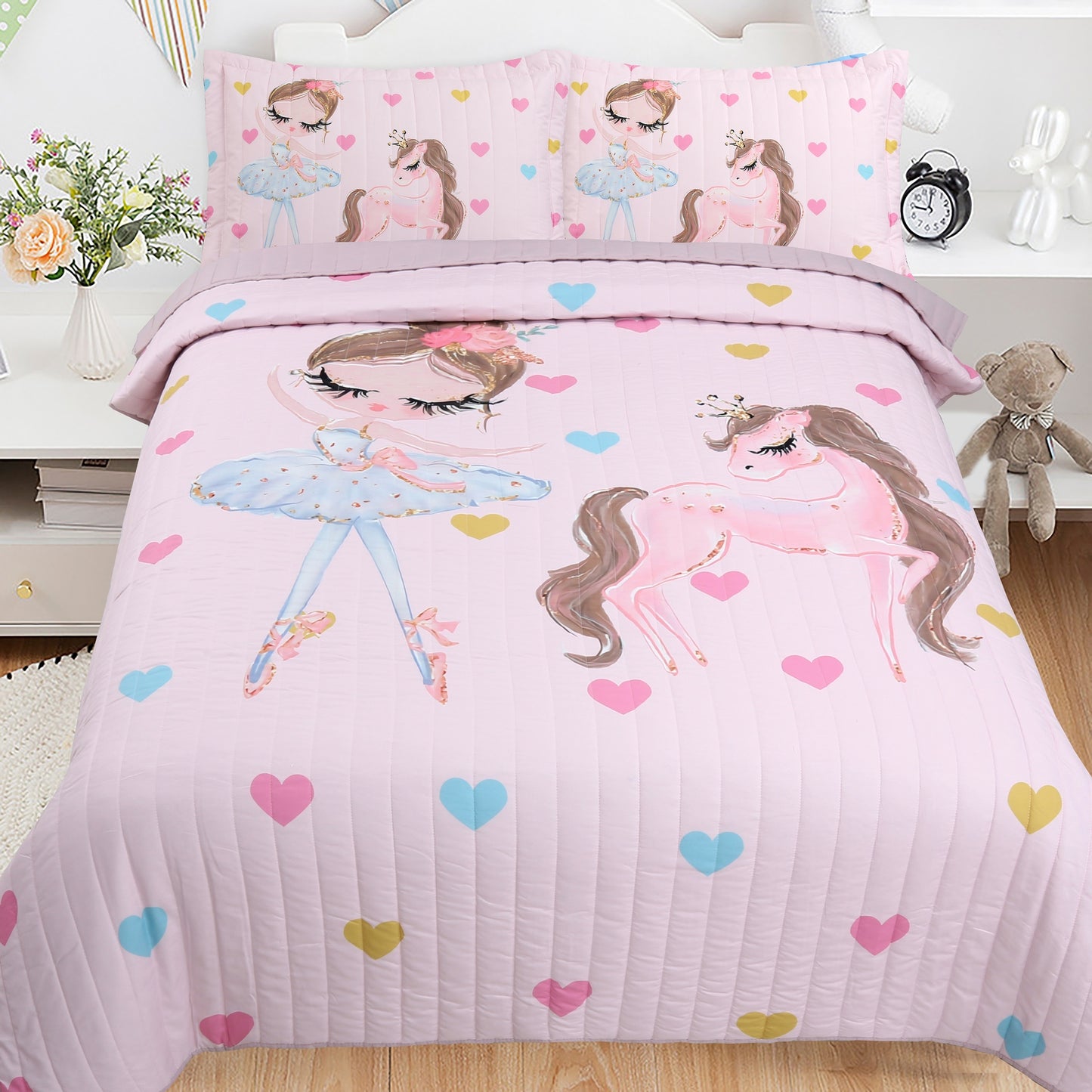 3pcs Soft and Comfortable Pink Princess Pony Print Bedspread Set for Kids' Bedroom - Includes 1 Bedspread and 2 Pillowcases (Core Not Included) for Christmas and Halloween
