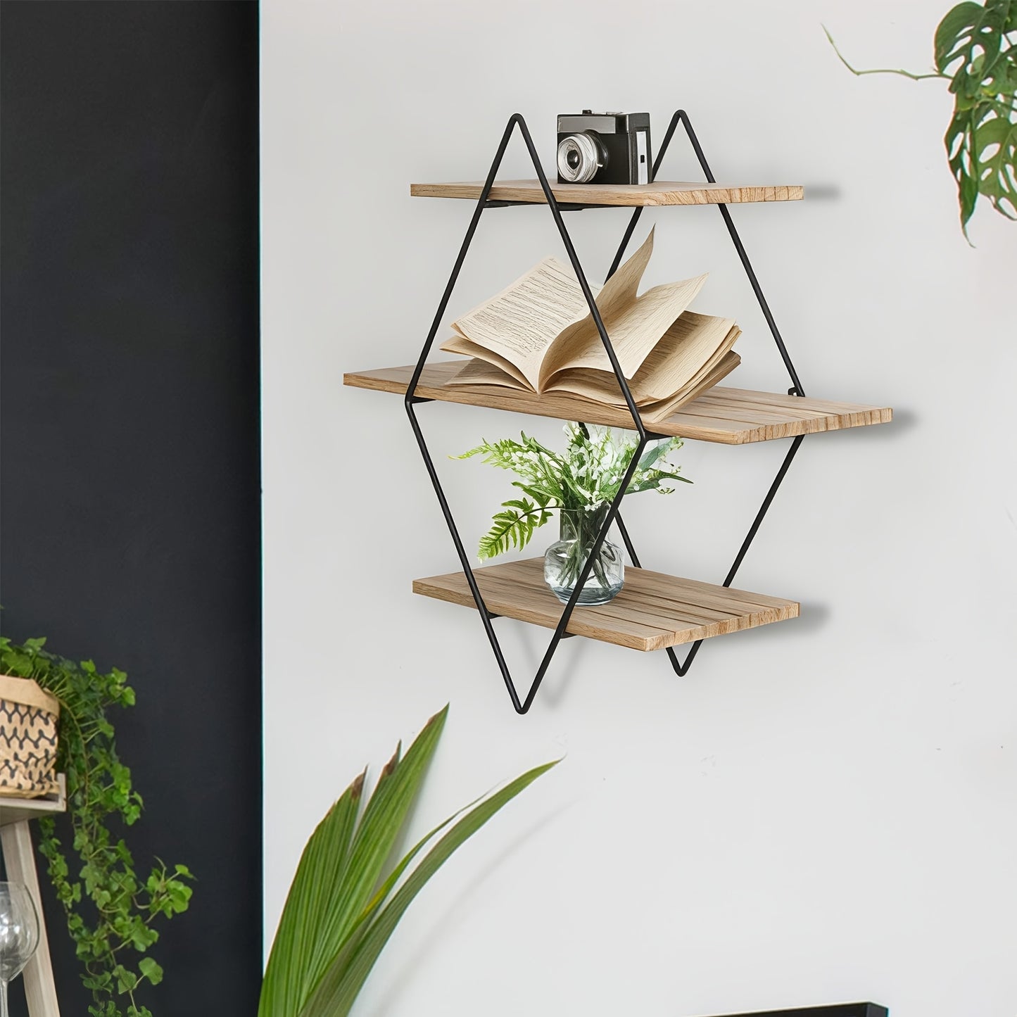 Three-Level Geometric Diamond-Shaped Wall Shelves Made of Metal Wire And Wood, Perfect for Displaying Items in Your Living Room Or Kitchen, Floating Shelves