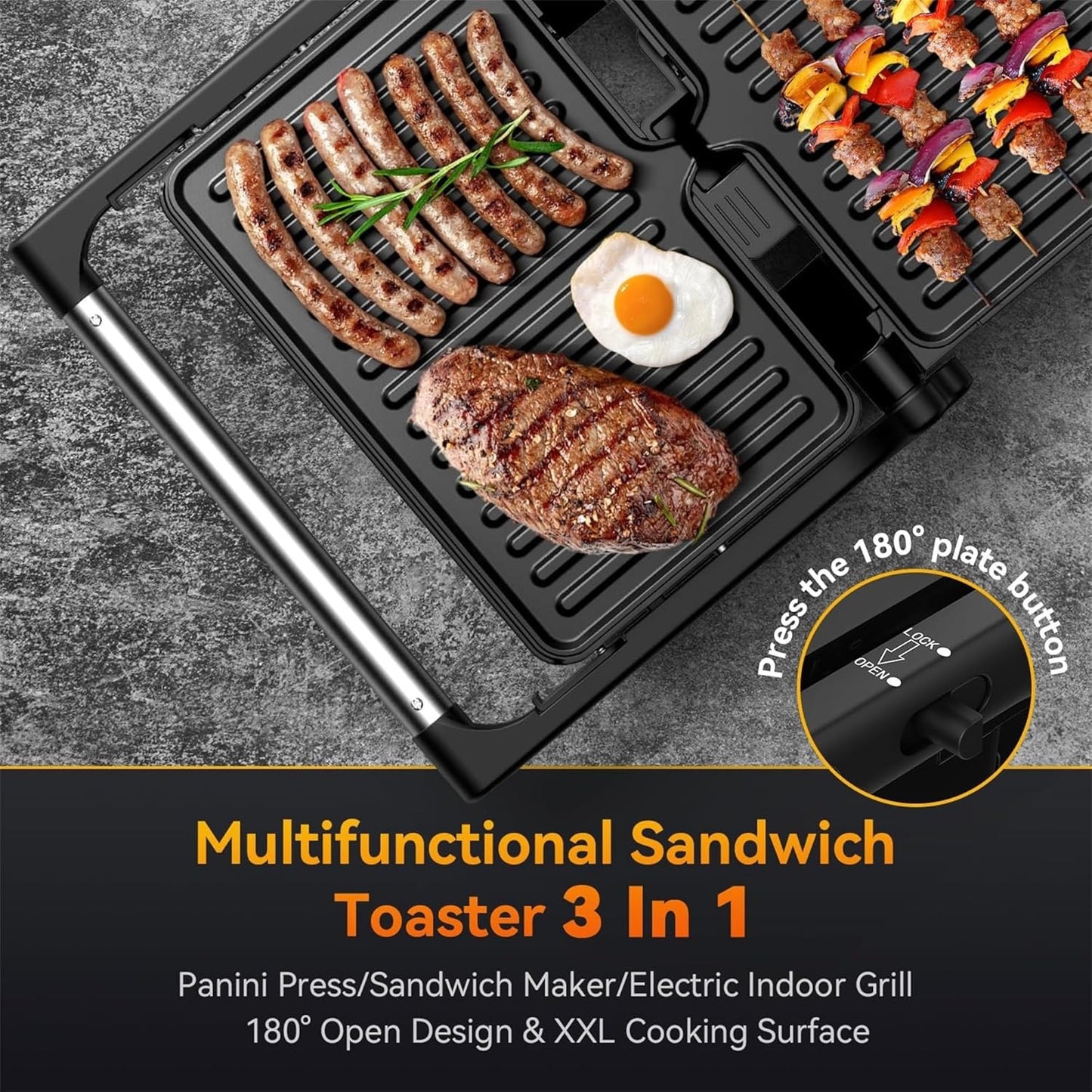 [Panini Grill Press] Yashe Panini Grill Press, 1200 W Sandwich Maker, Panini Maker With Non-Stick Coated Cast Aluminum Plates, Fits 2 Slices Of Bread, 180-Degree Opening, Easy To Clean, Versatile Use