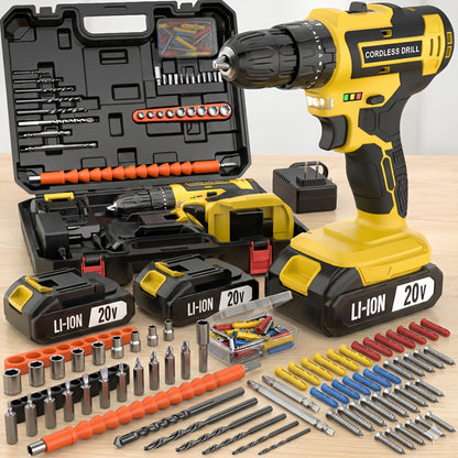 Tegatok 20V 58/136pcs/ 147pcs Cordless Impact Drill Kit With 20 Plus 3 Torque Settings 45Nm Max Torque Built In LED Light 2.0Ah Rechargeable Battery And Fast Charger Ideal For Home Renovation Woodworking Furniture Assembly Metal Drilling