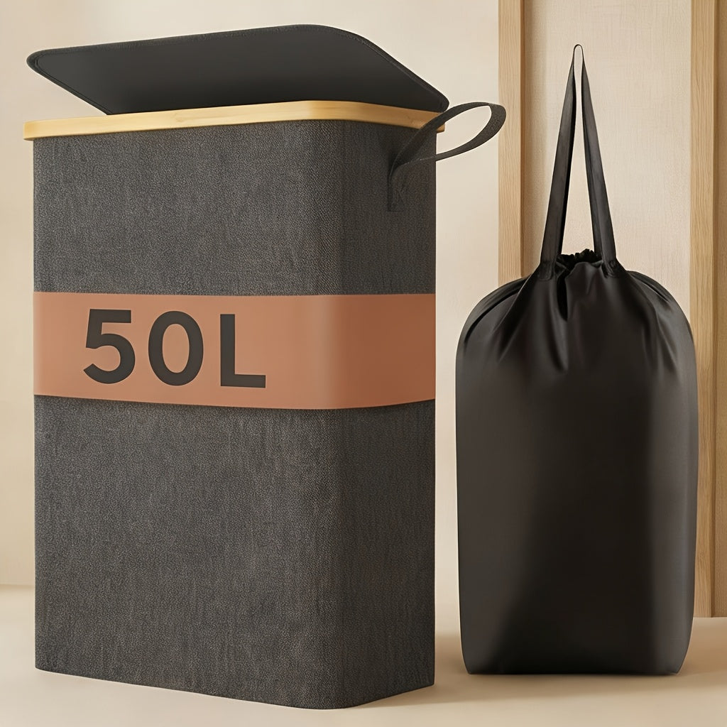 Slim Laundry Hamper With Lid, Narrow Laundry Basket With Removable Bag & Bamboo Handles, Fodable Thin Dirty Clothes Hamper, Laundry Collapsible Bin For Bathroom Bedroom Dorm, Room Decor, Storage And Organization, 13.21gal/17.17gal/19.81gal, Laundry Hamper