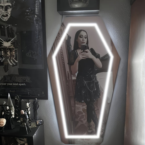 1pc Gothic Coffin-Shaped Neon Wall Mirror, USB Powered, Glass Surface, Horizontal, Irregular Decorative Art Style, Ideal for Dark Art Enthusiasts and Holiday Gifts