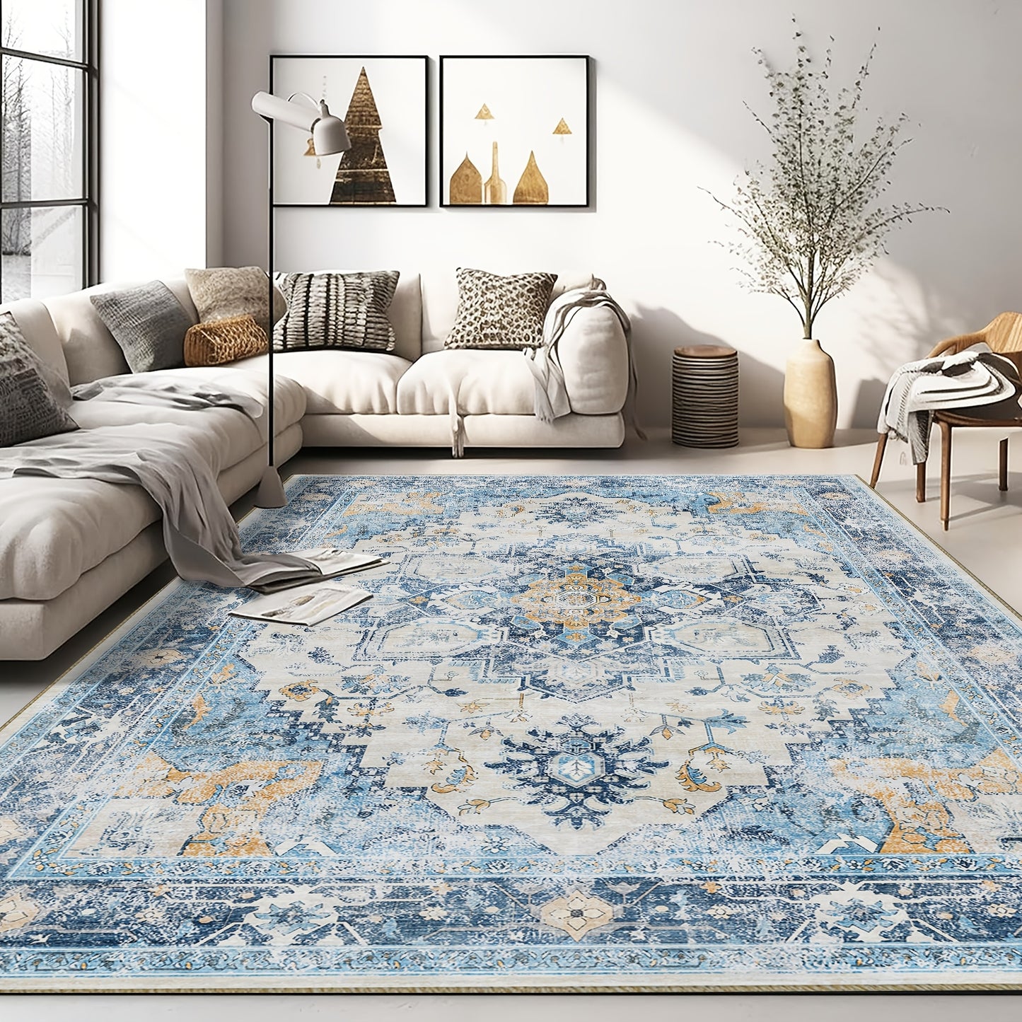 Moroccan Boho Area Rug Machine Washable Low Pile Soft Indoor Carpet for Living Room Bedroom Office Neutral Blue Brown Red Multi-Size
