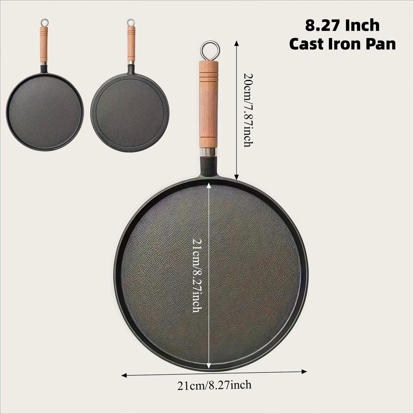 3 Sizes Cast Iron Skillet with Handle, 8.27/ 9.45/ 10.63 Inch Flat Pan for Pancakes, Ideal for Eggs and Crepes, Durable and Non-Stick Cookware for Induction, Gas, Campfire, Ideal for Breakfast, Grilling, Camping, Outdoor Cooking