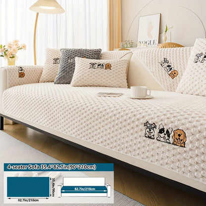 [Pet-Friendly | Velvet] Pet-Friendly Non-Slip 1pc Honeycomb Velvet Sofa Slipcover | Cute Cartoon Dog Embroidery, Bohemian Style Home Decor, Machine Washable Polyester Fabric, Grey, Couch Covers for Sofa