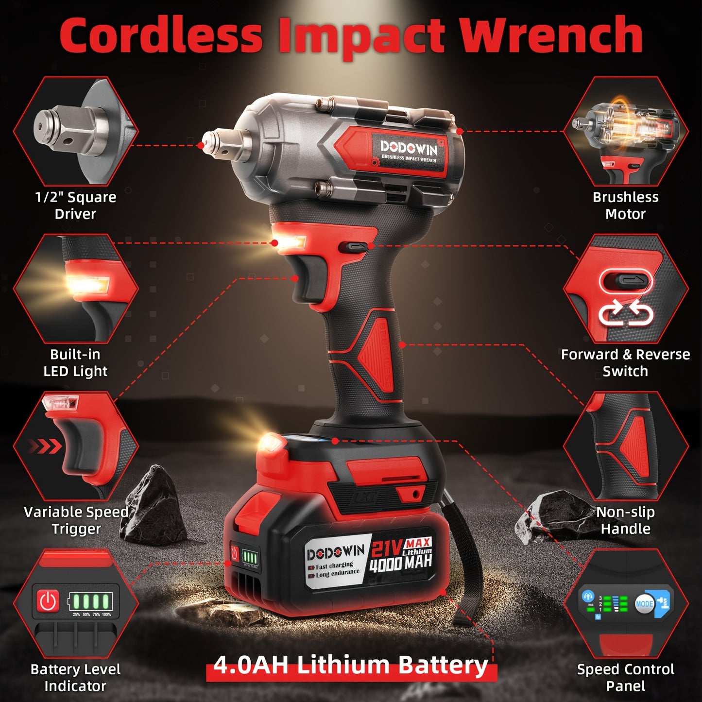 21V Cordless High Torque Impact Wrench, Wireless Drill Kit, Impact Driver, Brushless Electric Impact Gun Drill Torque. 2.0AH/4.0AH 1/2 Batteries & Charger, 6 Sockets & Full Accessories, Electric Power Tools for Car & Home Use, Accessories Sold