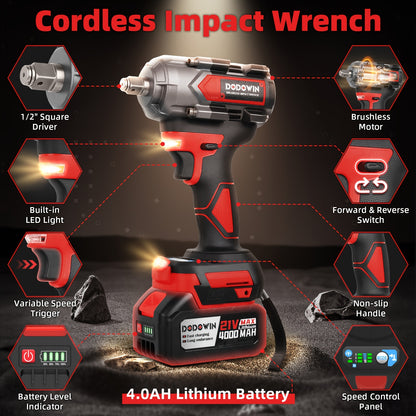 21V Cordless High Torque Impact Wrench, Wireless Drill Kit, Impact Driver, Brushless Electric Impact Gun Drill Torque. 2.0AH/4.0AH 1/2 Batteries & Charger, 6 Sockets & Full Accessories, Electric Power Tools for Car & Home Use, Accessories Sold