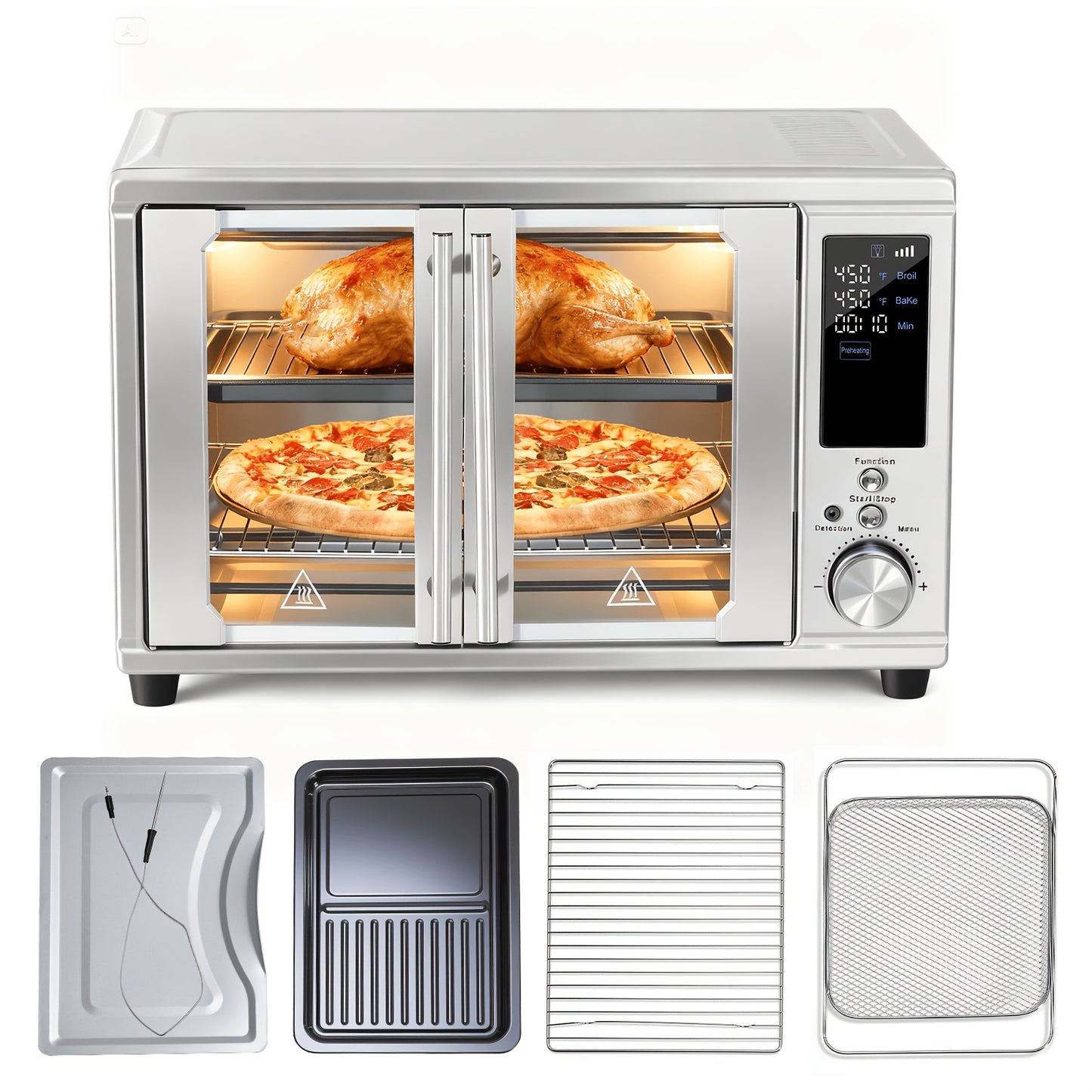 29.6QT XL Air Fryer Oven with Smart Probe, 12-in-1 Digital Toaster Oven Combo for Large Family, Stainless Steel Countertop Oven, Includes 7 Accessories & Rotisserie, 450°F Rapid Heat for Baking & Roasting