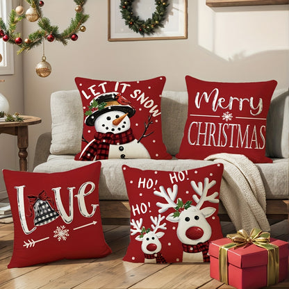 4pcs, Merry Christmas Throw Pillow Covers, Cute Reindeer Snowman Buffalo Plaid Print Cushion Covers, 18in*18in, Winter Holiday Farmhouse Home Decor Pillowcases, for Porch Patio Couch Sofa Living Room Outdoor, Set Of 4, Without Pillow Inserts