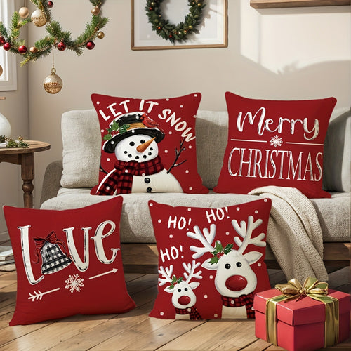 4pcs, Merry Christmas Throw Pillow Covers, Cute Reindeer Snowman Buffalo Plaid Print Cushion Covers, 18in*18in, Winter Holiday Farmhouse Home Decor Pillowcases, for Porch Patio Couch Sofa Living Room Outdoor, Set Of 4, Without Pillow Inserts