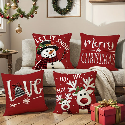 Christmas Throw Pillow Covers 4pcs Set 18x18 | Reindeer Snowman Buffalo Plaid Cushion Covers, Winter Holiday Farmhouse Home Decor, Sofa Couch Porch Patio, No Insert
