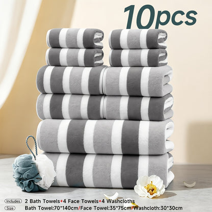 10pcs/3pcs/1pc Towel Set, No Hair Loss, Super Water Absorption,Ultra-Soft Microfiber Beach Towels for Adults, Super Soft Five-star Hotel Standard Two-color Striped Interval Bath Towel Combination(11.81x11.81inch, 13.78x29.53inch, 27.56x55.12inch)