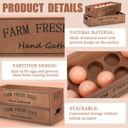 2pcs Farm Wooden Egg Cages, for 24 Fresh Egg Stacking Wooden Cages, for Display, Local Storage Box with Handle, Suitable for Easter Supermarket Farm Food Store Kitchen Supplies