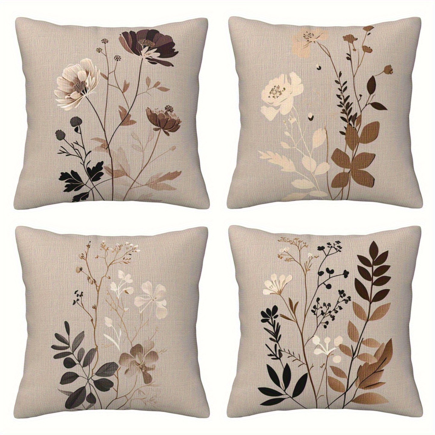 4pcs Modern Floral Throw Pillow Covers - Elegant Botanical Square Cushion Cases in Beige, Brown & Gray with Zip Closure, Machine Washable for Living Room, Bedroom & Sofa Decor, Contemporary Style, Decorative Pillows