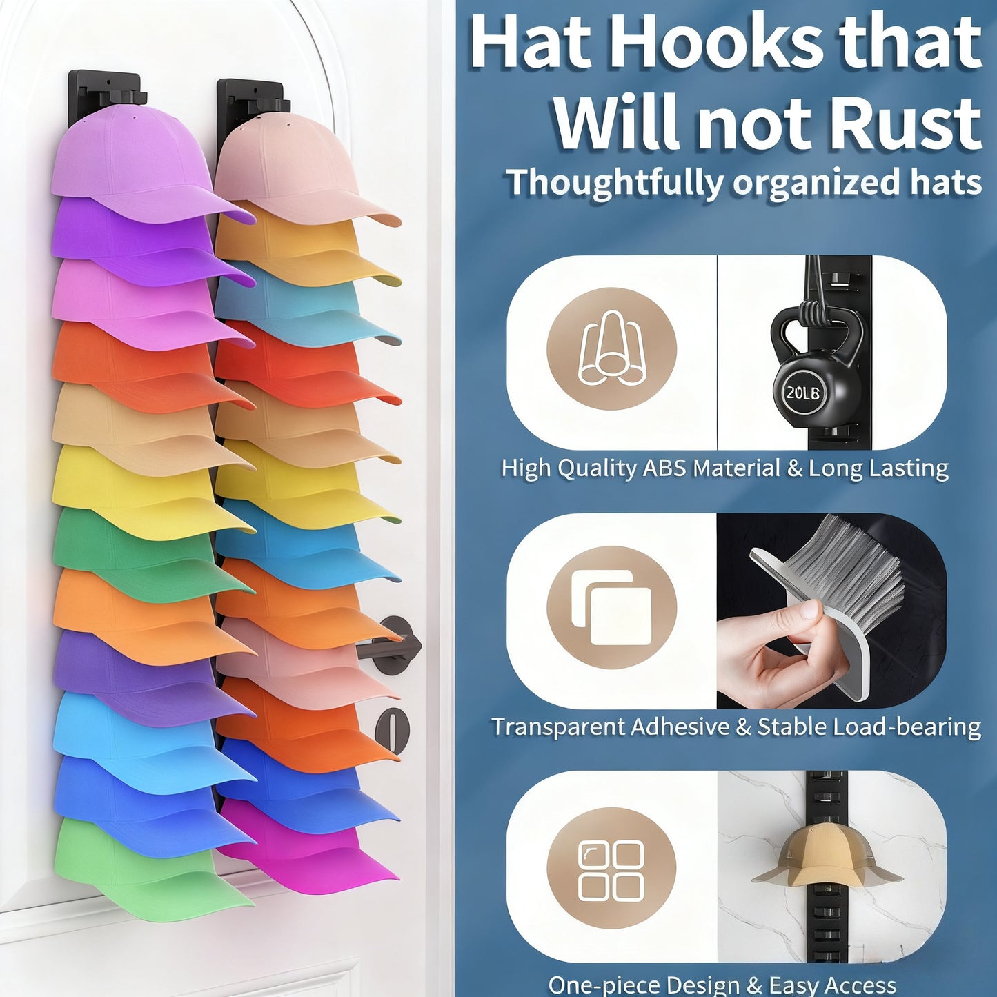 2-Pack Heavy-Duty Hat Organizer with 24-Cap Capacity - Space-Saving Vertical Wall-Mounted Storage, Adhesive or Drilled Installation, Layered Hooks for Easy Access, Durable Polypropylene Construction - Ideal for Entryway, Closet, Bedroom