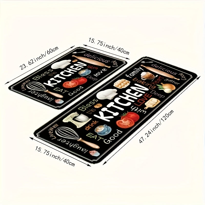 2pcs Black Kitchen Floor Mats, Kitchen Style Pattern Diatomaceous Earth Foot Mats, Hallway Running Long Mats, Soft, Comfortable, Easy to Clean, Suitable for Bathroom, Kitchen, Bedroom Entrance And Hallway Decoration