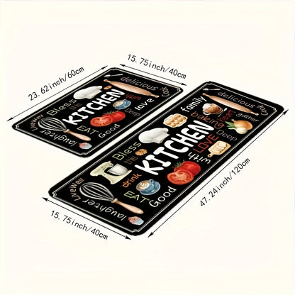 2pcs Black Kitchen Floor Mats, Kitchen Style Pattern Diatomaceous Earth Foot Mats, Hallway Running Long Mats, Soft, Comfortable, Easy to Clean, Suitable for Bathroom, Kitchen, Bedroom Entrance And Hallway Decoration
