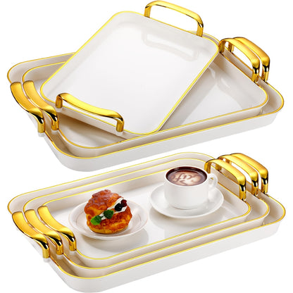 3pcs Handled Tray Set, Measuring 16.5/15/13.2 Inches, Ideal for Serving Food at Large Gatherings. Reusable White Plastic Rectangular Trays Perfect for Holding Meals, Dinners, Cakes, Turkey, Cheese, Fruit, And Appetizers