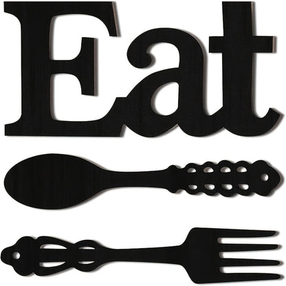 Set Of EAT Sign, Fork And Spoon Wall Decor, Rustic Wood Eat Decoration, Cute Eat Letters for Kitchen And Home, Decorative Hanging Wooden Letters, Country Wall Art for Dining Room (Black)