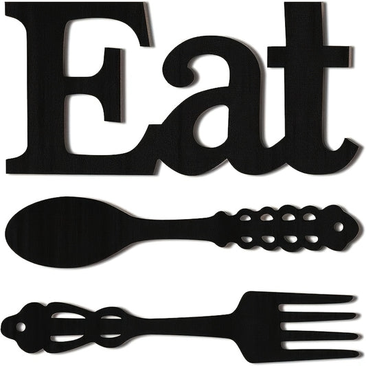 EAT Sign Wall Decor with Fork and Spoon | Rustic Wood Hanging Letters for Kitchen Dining Room | Country Farmhouse Wall Art Wooden EAT Decoration in Black