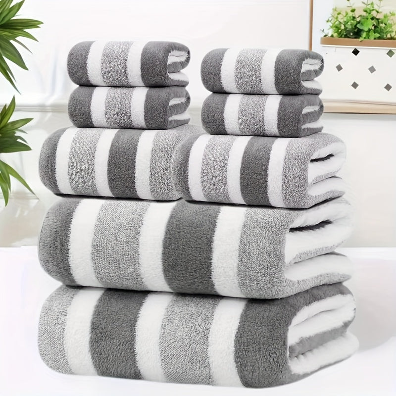 8pcs Set, No Hair Loss, Super Water Absorption, Super Soft Five-Star Hotel Standard Two-Color Striped Interval Combination, Including 2 Large Towels, 2 Large Face Towels And 4 Hand Towels
