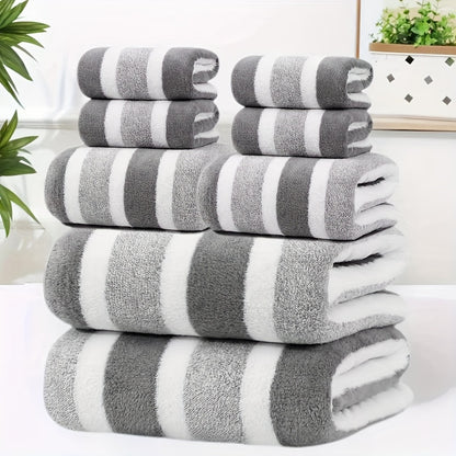 8pcs Set, No Hair Loss, Super Water Absorption, Super Soft Five-Star Hotel Standard Two-Color Striped Interval Combination, Including 2 Large Towels, 2 Large Face Towels And 4 Hand Towels
