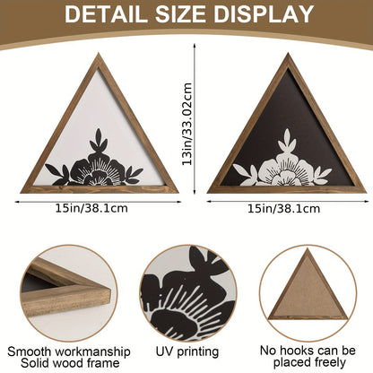 Flangairy Floral Wall Decor Wooden Botanical Wall Art Framed Boho Wood Geometric Triangles Black White Bedroom Bathroom Room Home Decorations