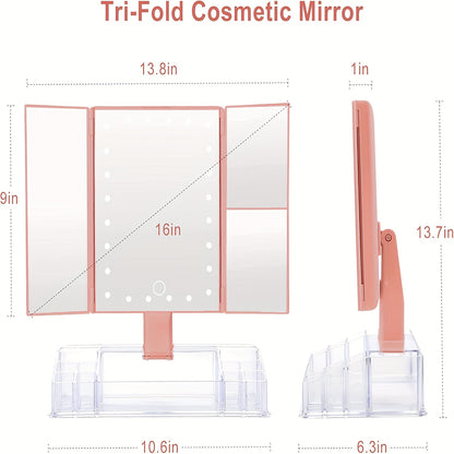 Makeup Mirror with Storage, Tri-Fold Lighted Adjustable Vanity Makeup Mirror with 24 LED Lights, Touch Screen And 3X/2X/1X Magnification, Two Power Supply Modes Make Up Mirror, 180° Rotation, Top Valentine's Day Gifts for Her(Rose Golden/WhIte)