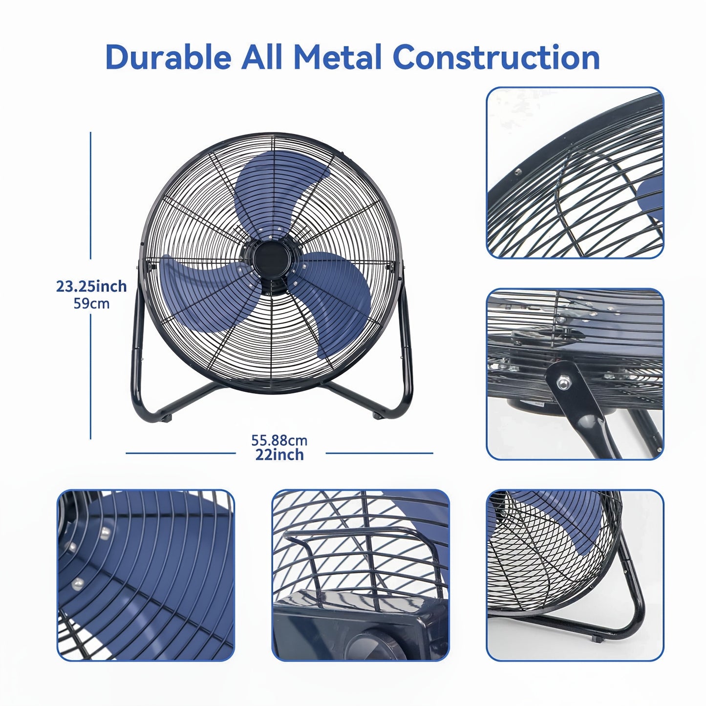 4/9/14/20 Inch High Velocity Industrial Floor Fan, 3-Speed Heavy Duty Metal Cradle Floor Fans with 360° Tilt for Warehouse, Workshop, Garage, Factory And Basement, Black & Blue