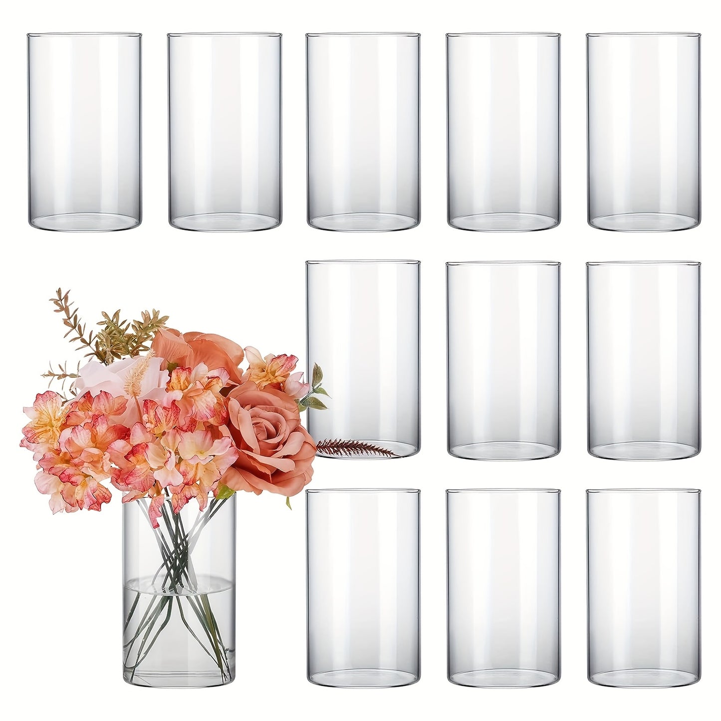 TOMNK 12/24/36/48pcs Clear Glass Candle Holder Cylinder Vases, 4, 6, 8, 10 Inch Tall Cylinder Vases for Candle, Glass Candle Vase, Hurricane Floating Candle Holder Vase for Table Shelf, Party, Wedding, Home Decor