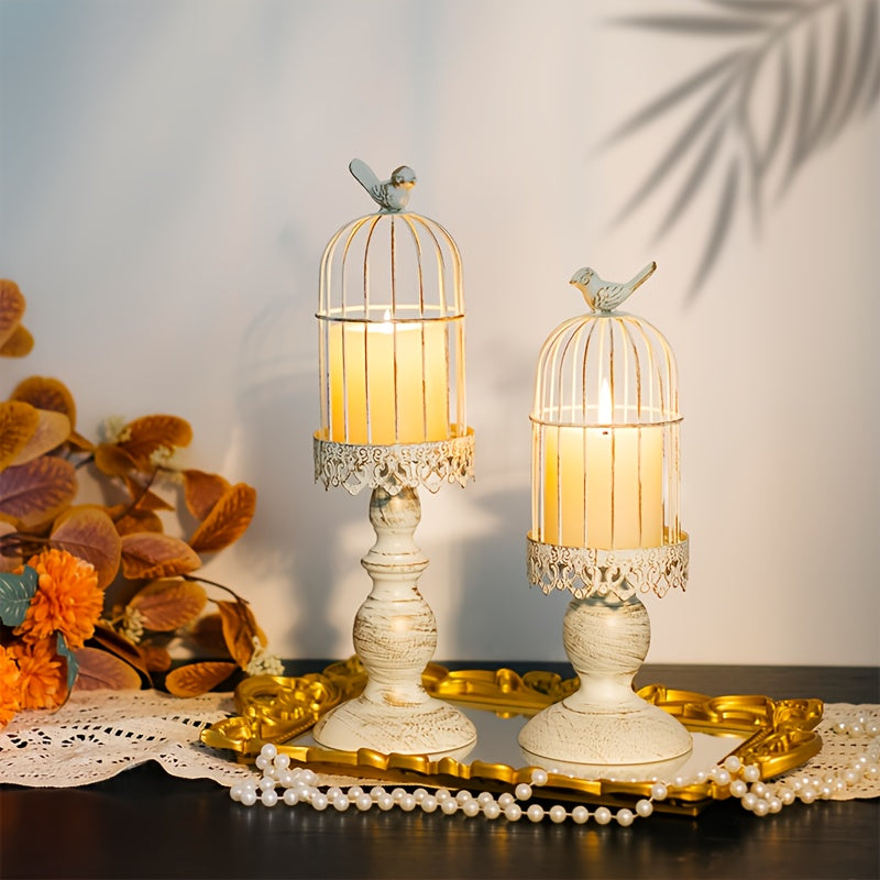 Birdcage Candle Holders Set of 2, Vintage Metal Candlestick Holders with Polished Finish — Wedding Table Centerpieces, Home Decor & Christmas Decoration | Black & White