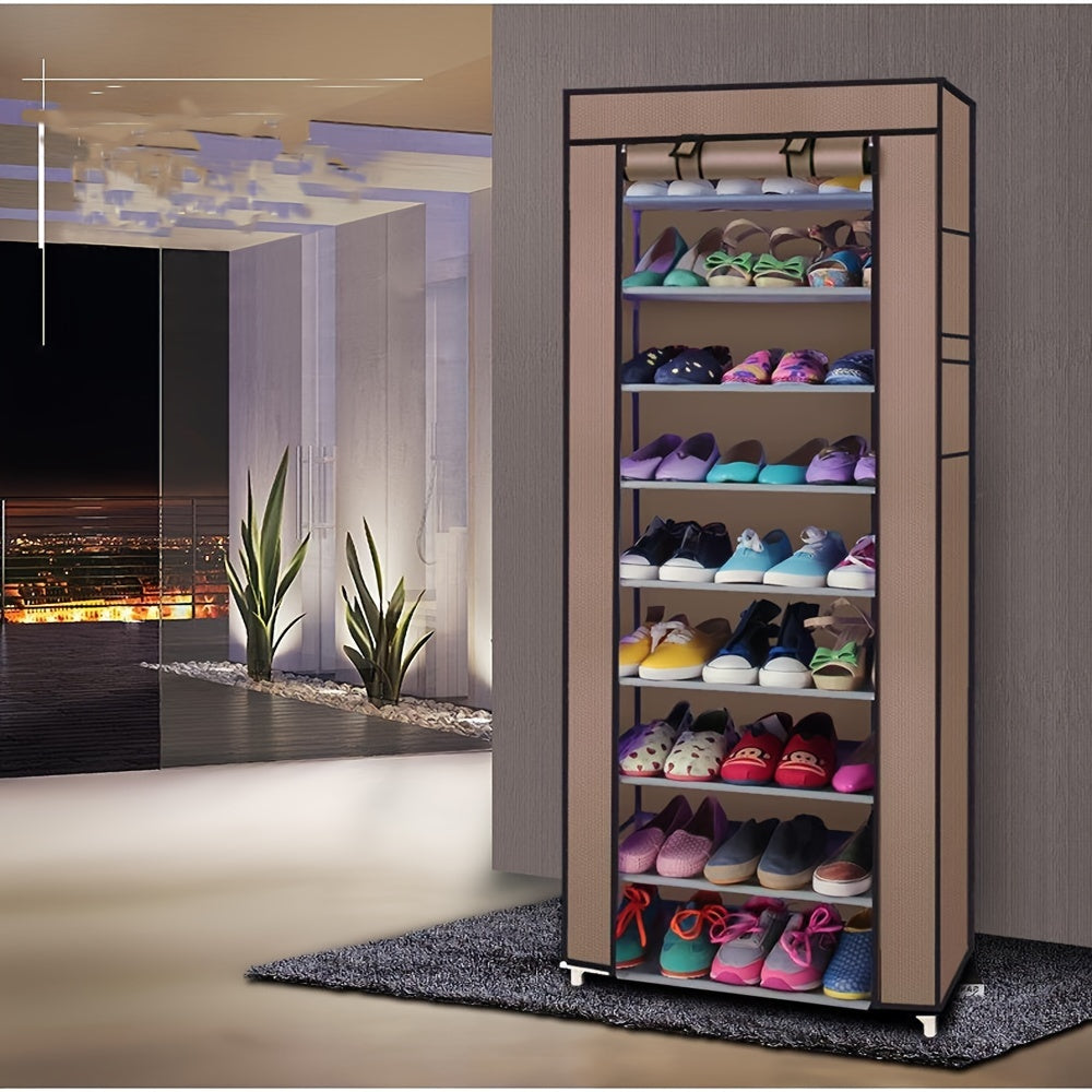 10-Layers 9 Lattices Shoe Rack with Dustproof Cover, Non-Woven Space-Saving Shoe Organizer for Entryway, Easy Assembly, Large Capacity, Home And Dormitory Storage