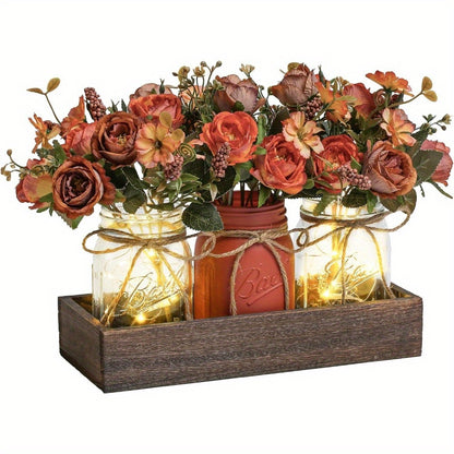 3pcs Mason Jar Centerpiece Table Decorations for Dining Table Decor Farmhouse Coffee Table Decor with Wood Tray and Led Light Table Centerpieces for Dining Room Kitchen Living Bathroom, Pink