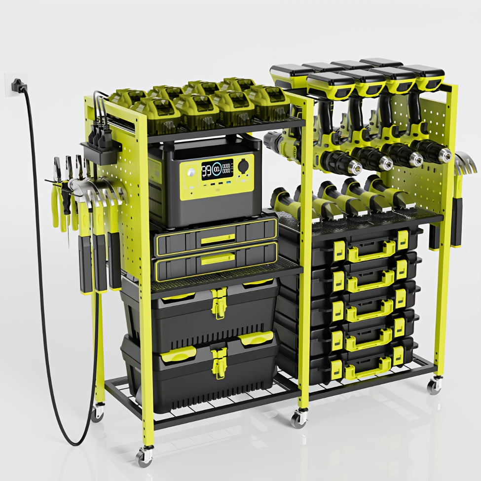 Geawokyie Power Tool Organizer Featuring a Charging Station, a Mobile Tool Cart Equipped with 12 Drill Holders, 5 Storage Shelves, And a Utility Rack Toolbox That Includes a Battery Charging Power Strip, Suitable for Garages, Workshops, And More